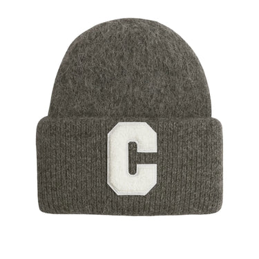 Dark gray beanie with a white 'C' logo on a white background